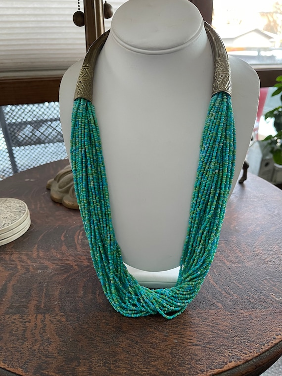 Vintage Turquoise, Green and Yellow Seed Beaded Necklace Long