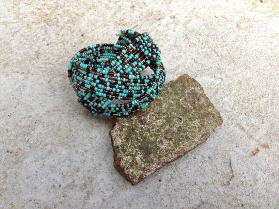 Brown and Turquoise Seed Bead Cuff Bracelet