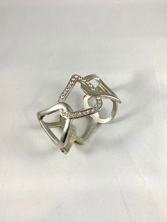 Vintage Silver Tone with Clear Rhinestones Cuff Bracelet Chunky Bracelet