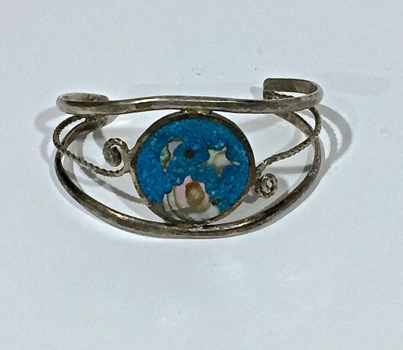 Vintage Sterling Silver Cuff Bracelet with Turquoise and Mother of Pearl Inlay Beautiful