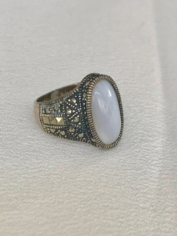 Vintage 925 Sterling Silver Marcasite Ring with Light Blue Agate Stone Size 6.5 Gorgeous