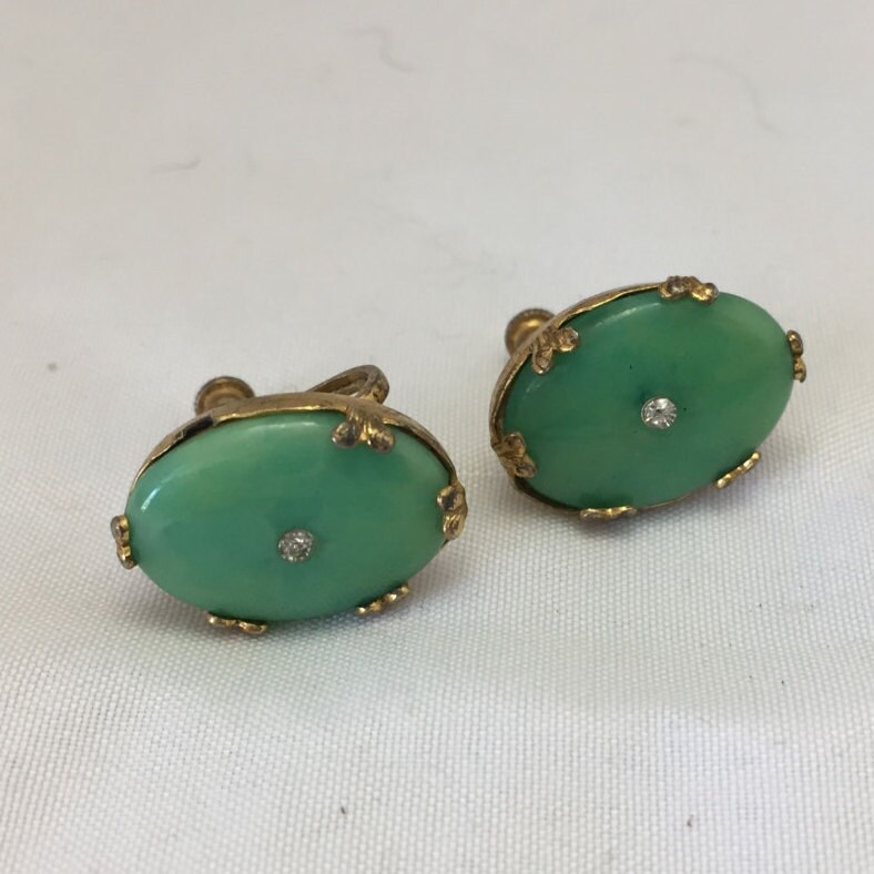 Vintage Jade Earrings Sterling Craft by Coro Jade with Clear Rhinestone
