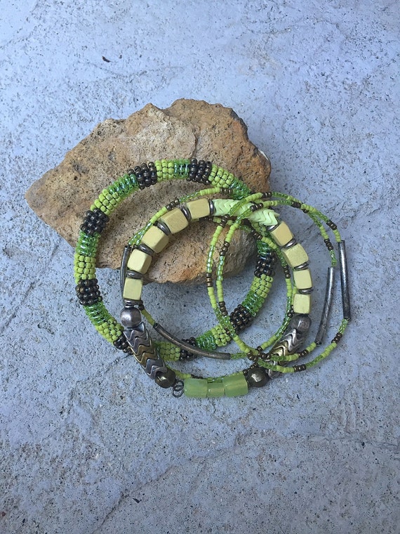 Beaded Bangle Bracelets Green Brown Summer Beaded Cluster of Bracelets Beautiful 6 Bracelets Total