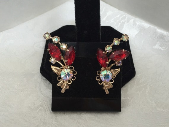 Vintage Red and Aurora Borealis Rhinestone Clip On Earrings