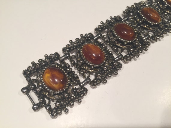 Vintage Gun Metal Silver Bracelet with Jasper Colored Cabachons Very Decorative