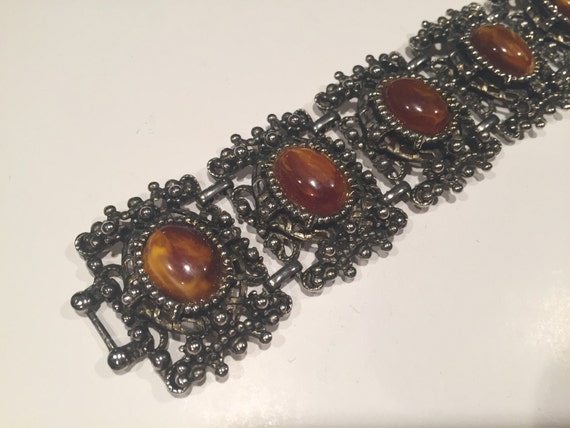 Vintage Gun Metal Silver Bracelet with Jasper Colored Cabachons Very Decorative