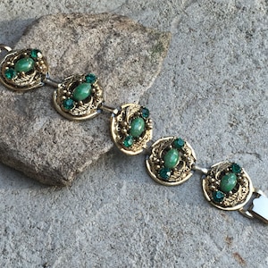 Vintage Gold Bracelet with Green Rhinestones and Green Glass Cabochons Gorgeous
