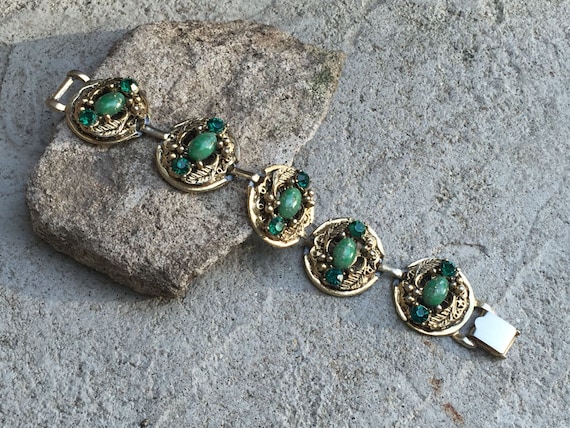 Vintage Gold Bracelet with Green Rhinestones and Green Glass Cabochons Gorgeous