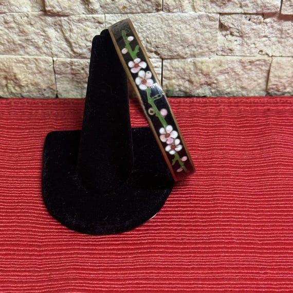 Vintage Hand Painted Cloisonne Flowers Black Enamel And Copper Bracelet