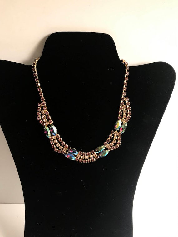 Vintage Amethyst and Lavender Rhinestone Choker Necklace with Aurora Borealis Teal Marquis Stones GORGEOUS