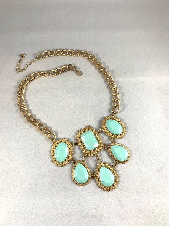 Vintage Gold Tone with Turquoise Cabochons Necklace Spring Necklace Beautiful