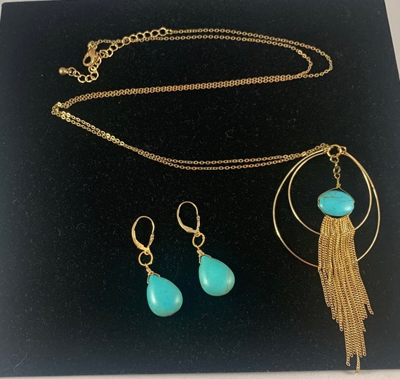 Vintage Gold Tone  and Turquoise Necklace and Ear… - image 1