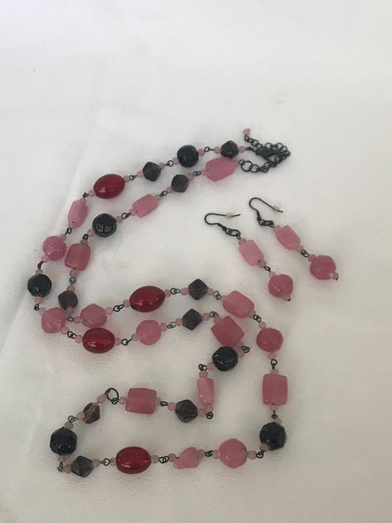 Vintage Glass Beaded Necklace Matching Earrings Long Chain Pink Black Red Glass Beads Pierced Earrings Valentines Day