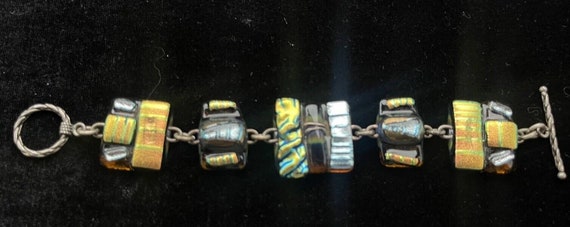GORGEOUS Vintage Brown Glass Link Bracelet 7 3/4" Inches Gold And Silver Accents