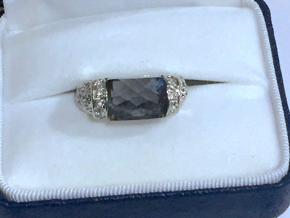 Vintage Smokey Gray Gemstone Silver Ring Clear Rhinestones Size 5 1/4 Very Nice