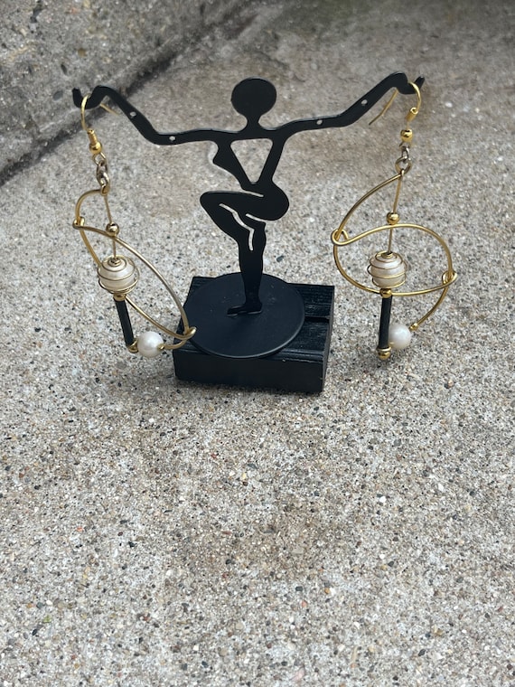 Vintage Gold, Pearl and Black Dangled Pierced Earrings