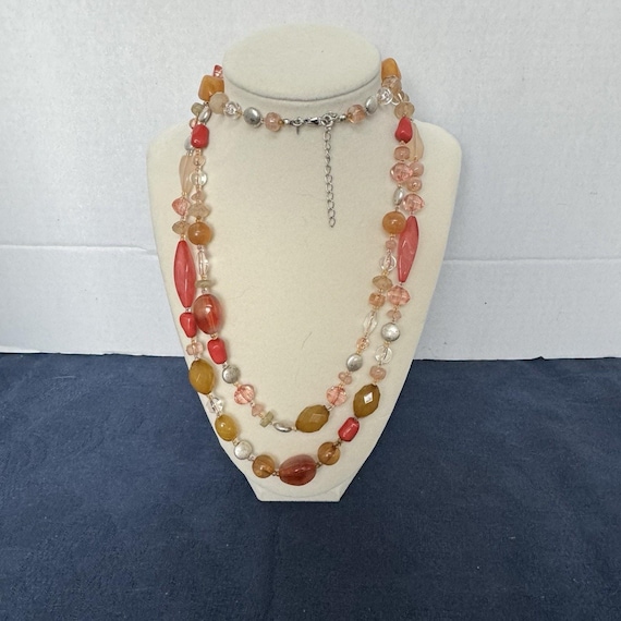 Vintage Avon NR Beaded Necklace Orange Red Beads Silvertone Chain Two Strand