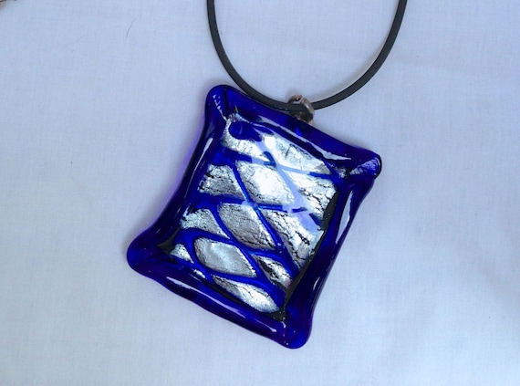 Murano Glass Blue and Silver Pendant on Black Corded Necklace Italian Murano Glass