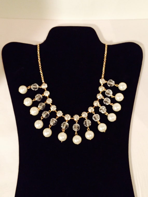 Vintage Goldtone Necklace with Pearls, Rhinestones and Clear Beads Wedding Necklace