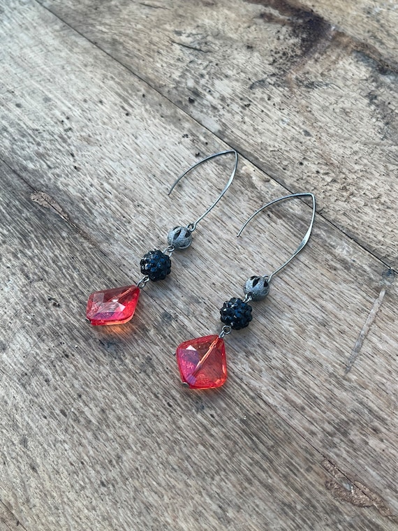 Vintage Red, Black, and Silver Beaded Dangled Pierced Earrings