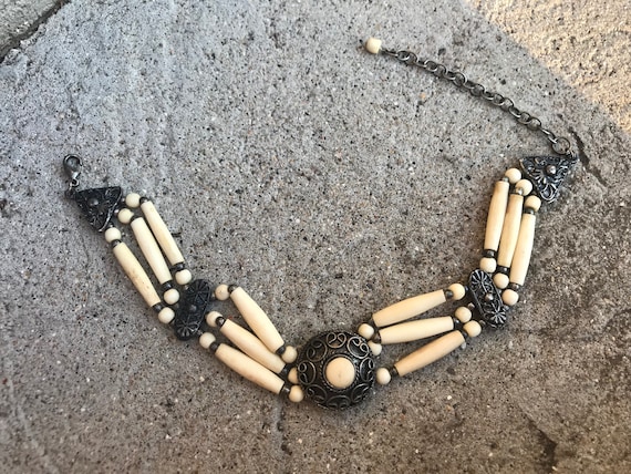 Vintage Victorian Choker Bone or Horn Bead Necklace with Gun Metal Silver Spacers