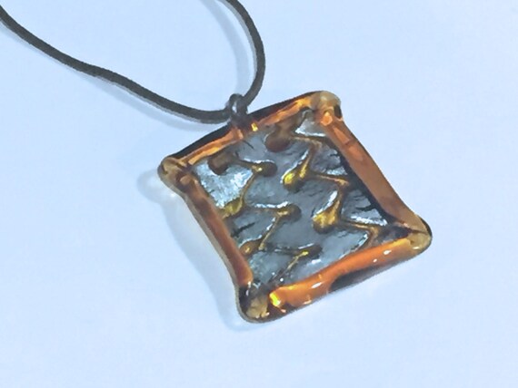 Murano Glass Brown and Silver Pendant on Brown Corded Necklace Italian Murano Glass
