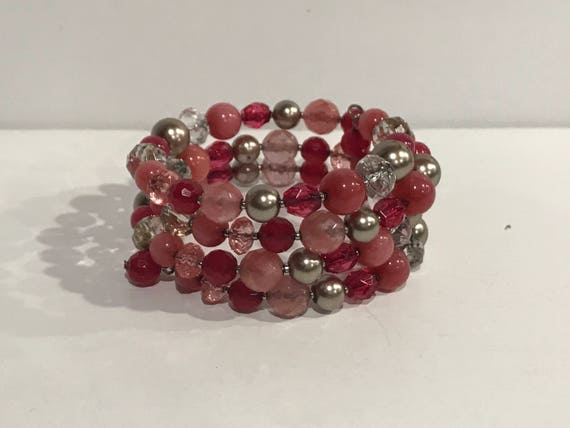 Vintage Red Pink Silver Glass Beaded Memory Wrap … - image 2