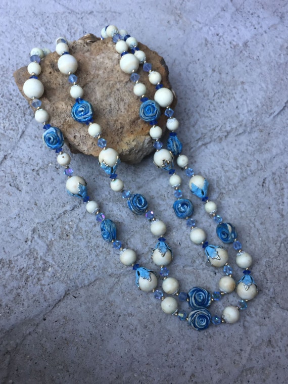 Vintage Two Strand White and Blue Beaded Necklace Rose Shaped Beads Beautiful