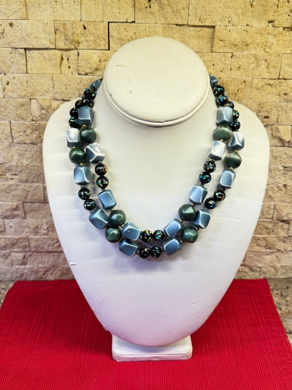 Vintage Two Strand Smoky Blue and Green Beaded Necklace with Black Glass Beads