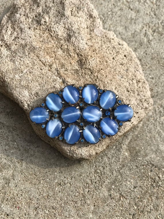 Vintage Marbled Blue Glass and Blue Rhinestone Br… - image 2