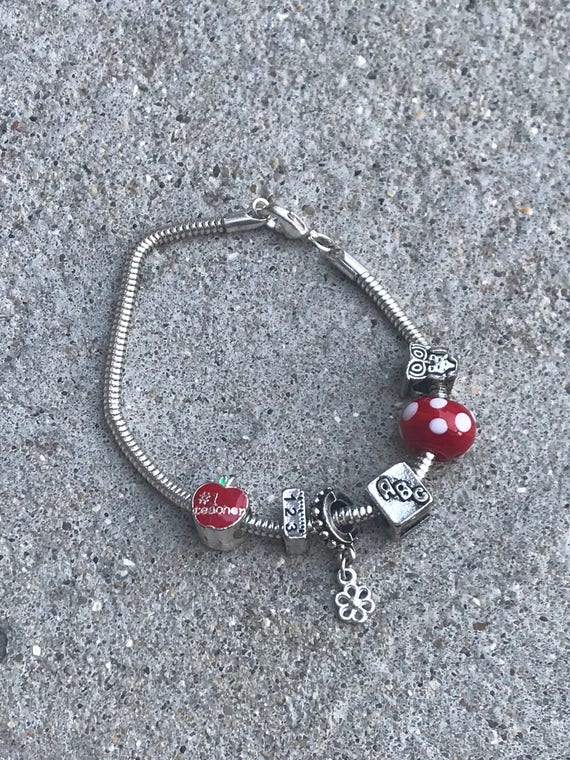 Pandora Style Silver and Red Bracelet Teacher Charm Bracelet Owl Apple ABC 123 Charms