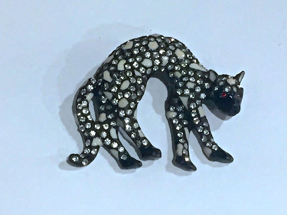 Vintage Cat Brooch Black Leopard Cat Pin with Clear Rhinestones Red Eyes Scaredy Cat Brooch
