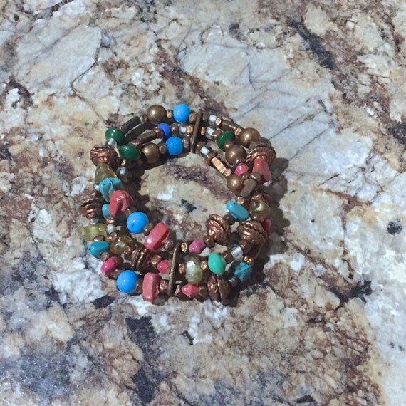 Vintage Three Strand Copper Bead, Turquoise, Jasper, Glass Beads  Stretch Bracelet Natural Gemstone