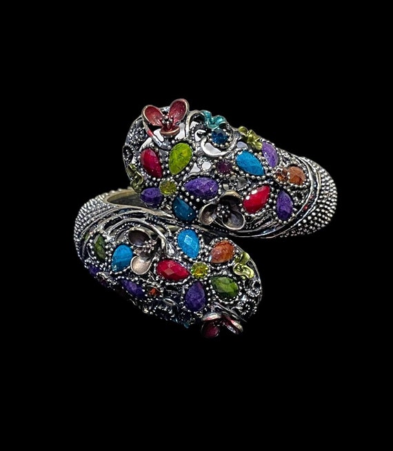 Vintage Hinged Cuff Bracelet Multicolored Rhinestones Flowers Gorgeous Bracelet