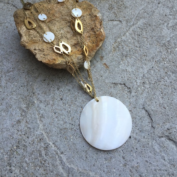Mother of Pearl 3 Strand Necklace Gold Chain and Mother of Pearl Multi-Strand Necklace