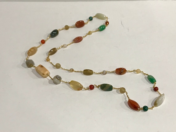 Vintage Natural Gemstone Beaded Necklace Gold Chain Jade Jasper Agate Plus More Gemstone Beaded Necklace