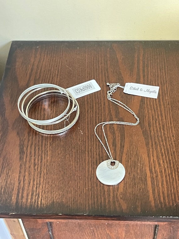 Vintage Ethel & Myrtle silver necklace with mother of Pearl shell pendant and 4 silver bangle bracelets