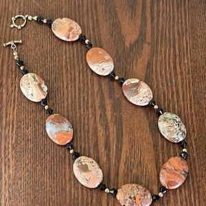 Vintage Red Jasper beaded necklace with Black Glass and Copper Beads