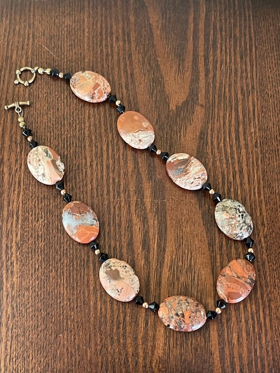 Vintage Red Jasper beaded necklace with Black Glass and Copper Beads