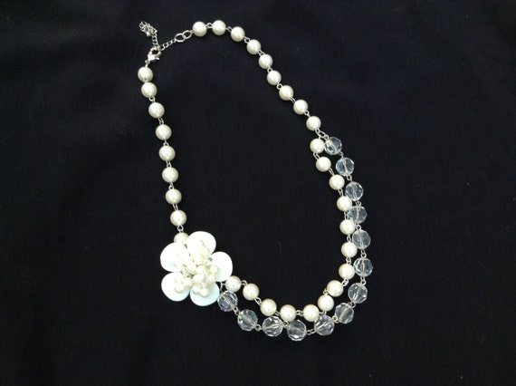 Vintage Pearl and Clear Beaded Necklace with Flower Beautiful Wedding Jewelry