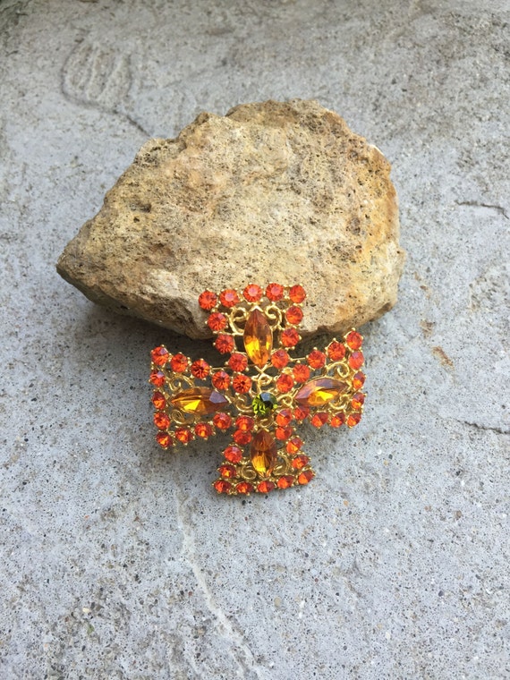 Vintage MJENT Rhinestone Brooch Orange Citrine Green Rhinestone Brooch Beautiful and Bright