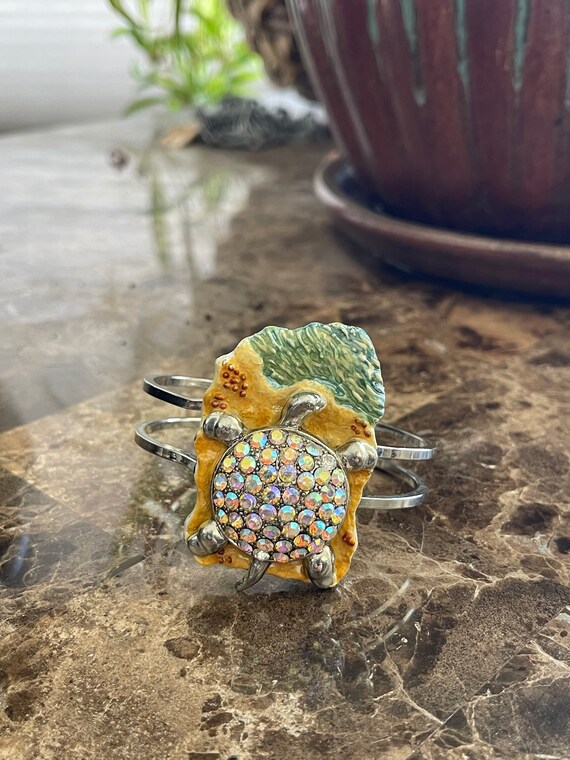 Vintage Turtle with Clear Aurora Borealis Crystals Cuff Bracelet Very One of  Kind and Unique