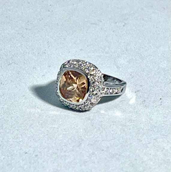 Vintage Yellow Topaz Silver Ring Center Yellow Topaz Clear Rhinestone Gemstone size 6