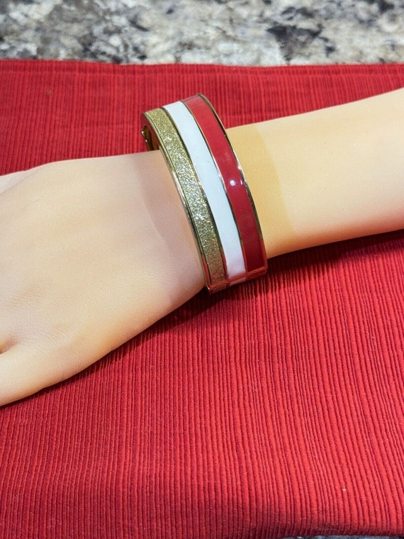 Vintage Red White & Gold Enamel Stripe GoldTone Hinged Bracelet Beautiful
