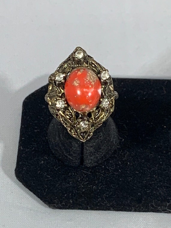 Vintage Antique Gold Ring Orangish Red Center Cabochon Clear Rhinestones Ornate Design Beautiful Chunky Vintage Ring
