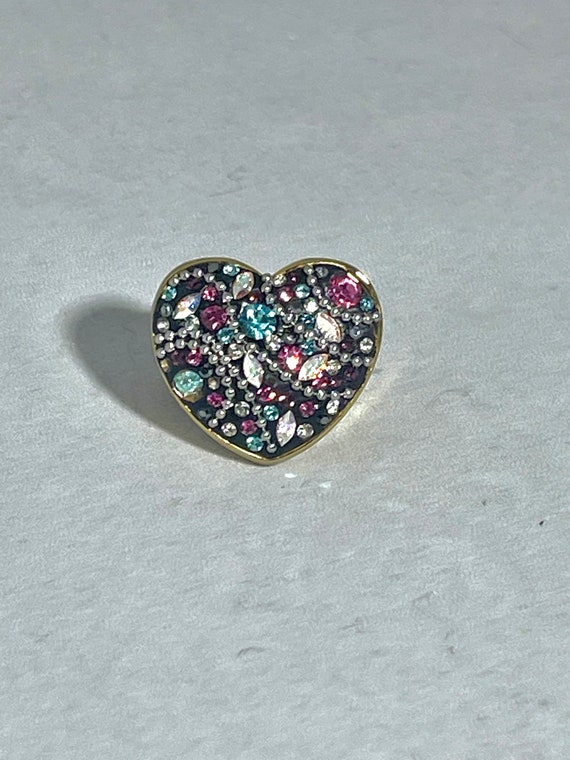 Vintage Linaje Stainless Steel gold tone heart ring with multi-colored rhinestones size 5 3/4