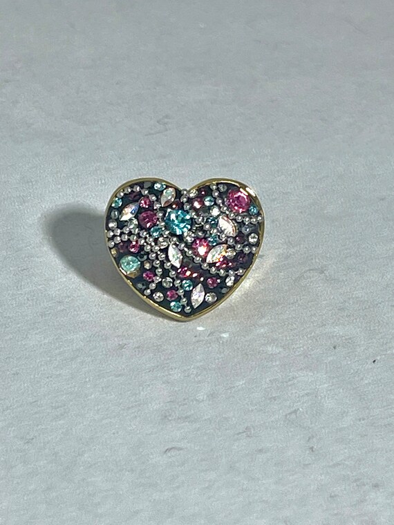 Vintage Linaje Stainless Steel gold tone heart ring with multi-colored rhinestones size 5 3/4