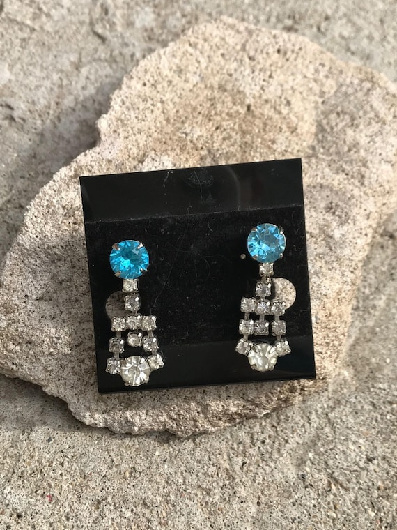 Vintage Rhinestone Earrings Clear and Turquoise Blue Earrings Screw back Vintage Wedding Prom Earrings
