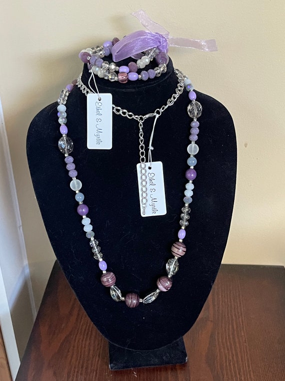 Vintage Ethel & Myrtle silver necklace with purple beads and  Smokey and Aurora borealis beads and pair of beaded stretch bracelets.