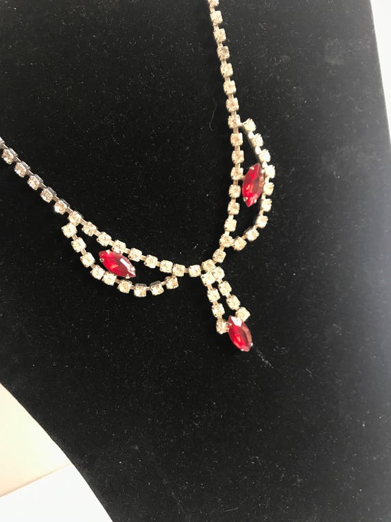 Vintage Clear and Red Rhinestone Necklace Wedding… - image 4